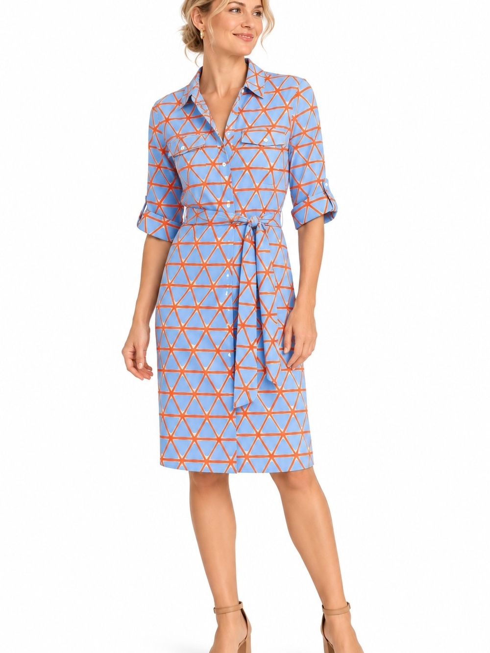J McLaughlin Geometric Print Blue & Orange Midi Shirt Dress with Tie Waist (S)